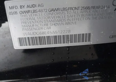 2005 Audi A4 3.2 z USA, uszkodzony, nr VIN WAUDG68E45A512228